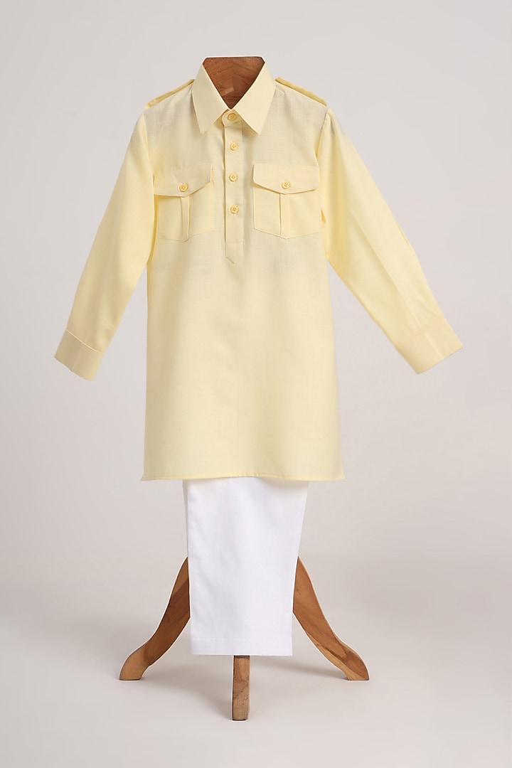 Light Yellow Cotton Linen Kurta Set For Boys by MINIME ORGANICS at Pernia's Pop Up Shop