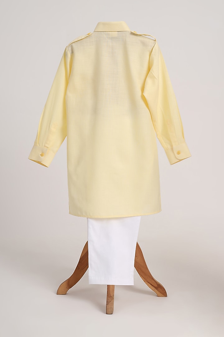 Light Yellow Cotton Linen Kurta Set For Boys by MINIME ORGANICS at Pernia's Pop Up Shop