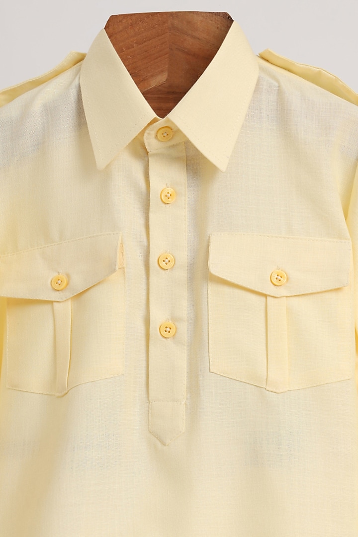 Light Yellow Cotton Linen Kurta Set For Boys by MINIME ORGANICS at Pernia's Pop Up Shop