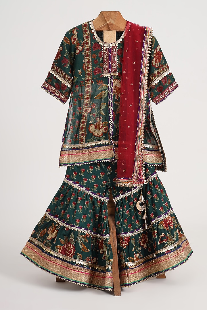 Bottle Green Cotton Block Printed Sharara Set For Girls by MINIME ORGANICS at Pernia's Pop Up Shop