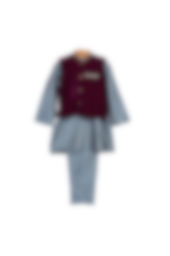 Grey Cotton Silk Kurta Set With Bundi Jacket For Boys by MINIME ORGANICS