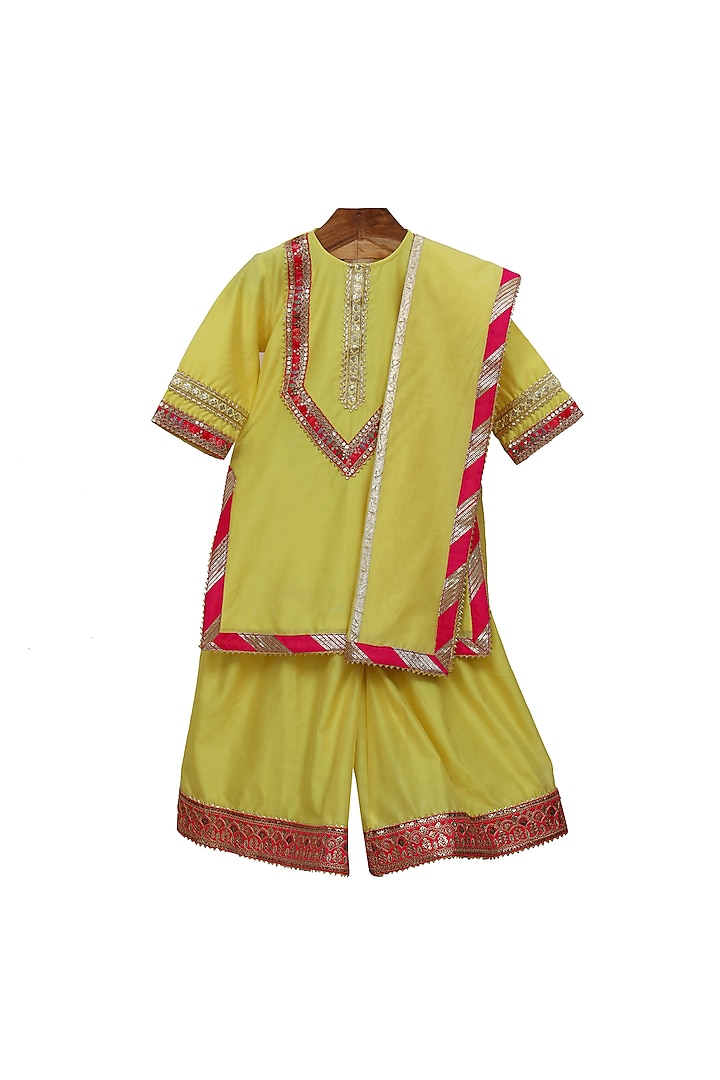 Yellow Embroidered Sharara Set For Girls by MINIME ORGANICS