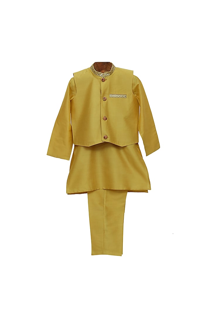 Yellow Cotton Silk Kurta Set With Bundi Jacket For Boys by MINIME ORGANICS