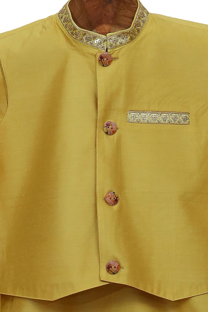 Yellow Cotton Silk Kurta Set With Bundi Jacket For Boys by MINIME ORGANICS at Pernia's Pop Up Shop