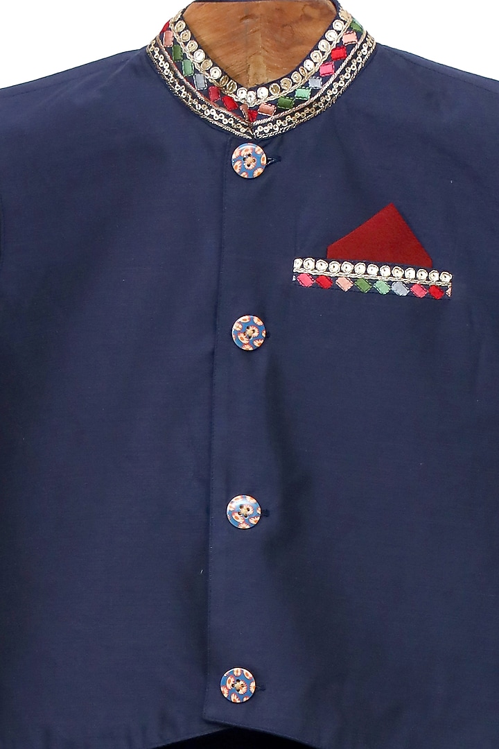 Dark Blue Cotton Silk Kurta Set With Bundi Jacket For Boys by MINIME ORGANICS at Pernia's Pop Up Shop