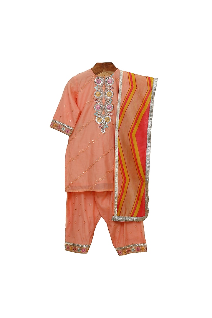 Orange Embroidered Kurta Set For Girls by MINIME ORGANICS at Pernia's Pop Up Shop