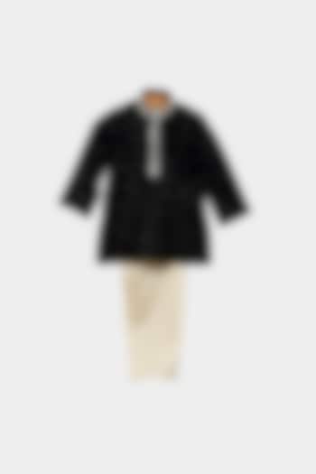 Black Chanderi Embroidered Kurta Set For Boys by MINIME ORGANICS at Pernia's Pop Up Shop