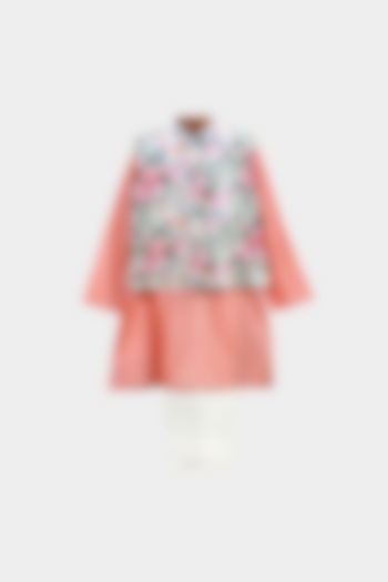 Multi-Colored Velvet Bundi Jacket With Kurta Set For Boys by MINIME ORGANICS