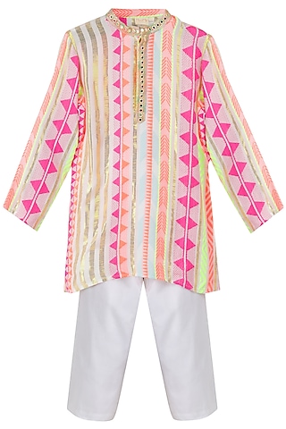 Off-White & Multi-Colored Viscose Lurex Kurta Set For Boys by MINIME ORGANICS