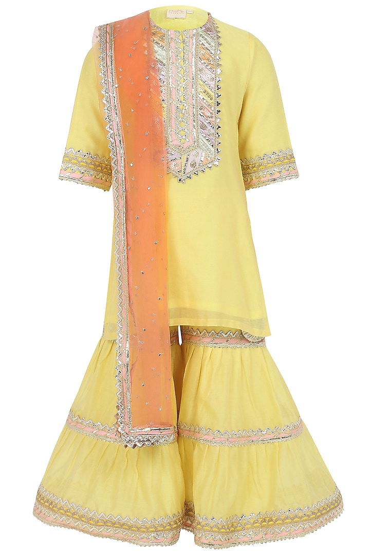 Yellow Chanderi Silk Sharara Set For Girls by MINIME ORGANICS at Pernia's Pop Up Shop