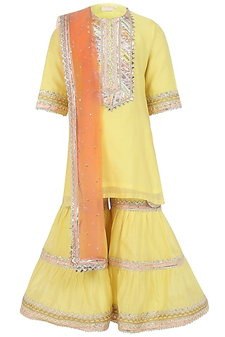 Yellow Chanderi Silk Sharara Set For Girls by MINIME ORGANICS