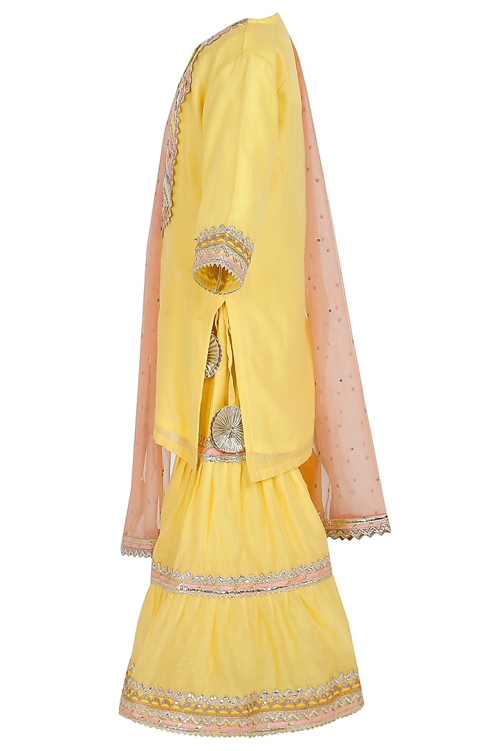 Yellow Chanderi Silk Sharara Set For Girls by MINIME ORGANICS at Pernia's Pop Up Shop