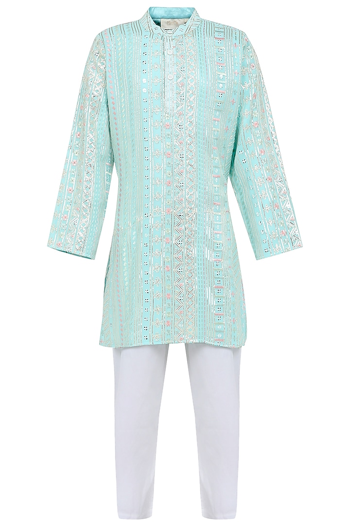 Blue Georgette Thread Work Kurta Set For Boys by MINIME ORGANICS at Pernia's Pop Up Shop