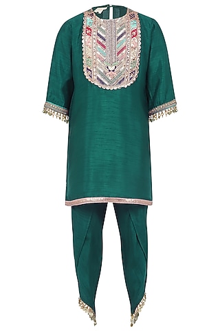 Dark Green Raw Satin Dhoti Pant Set For Girls by MINIME ORGANICS