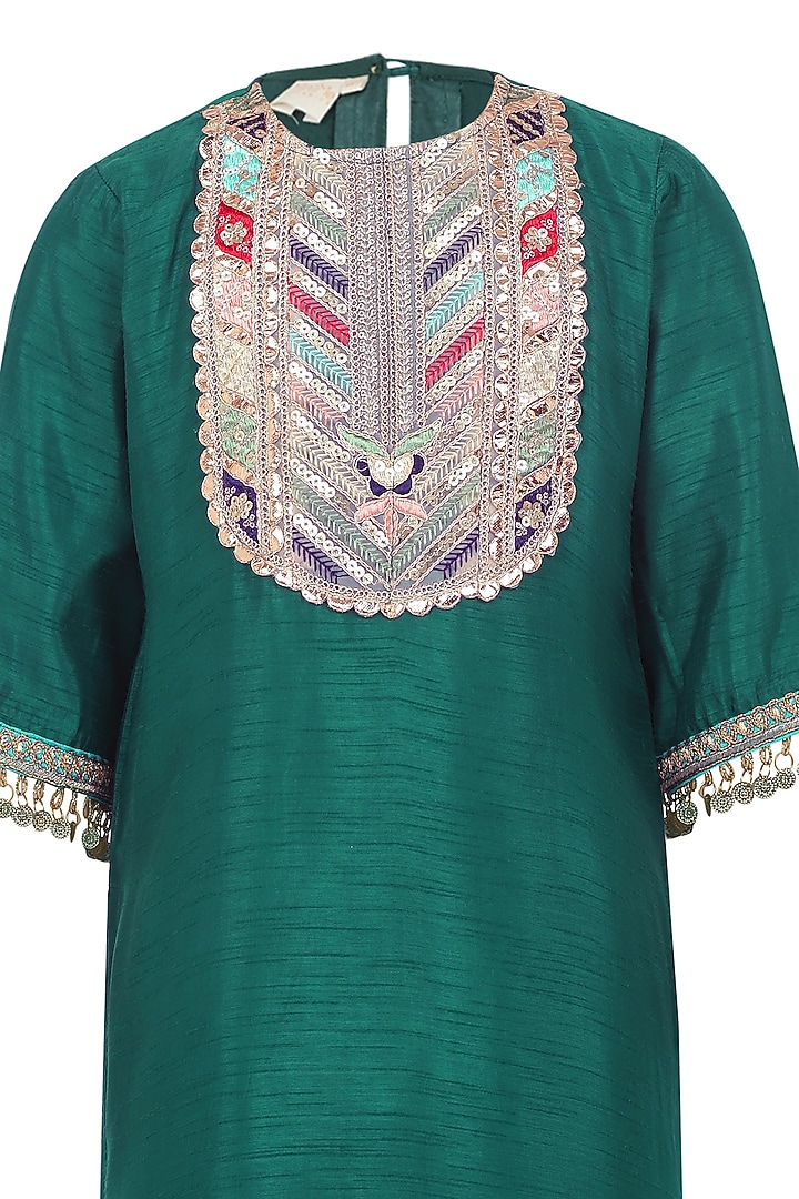 Dark Green Raw Satin Dhoti Pant Set For Girls by MINIME ORGANICS at Pernia's Pop Up Shop