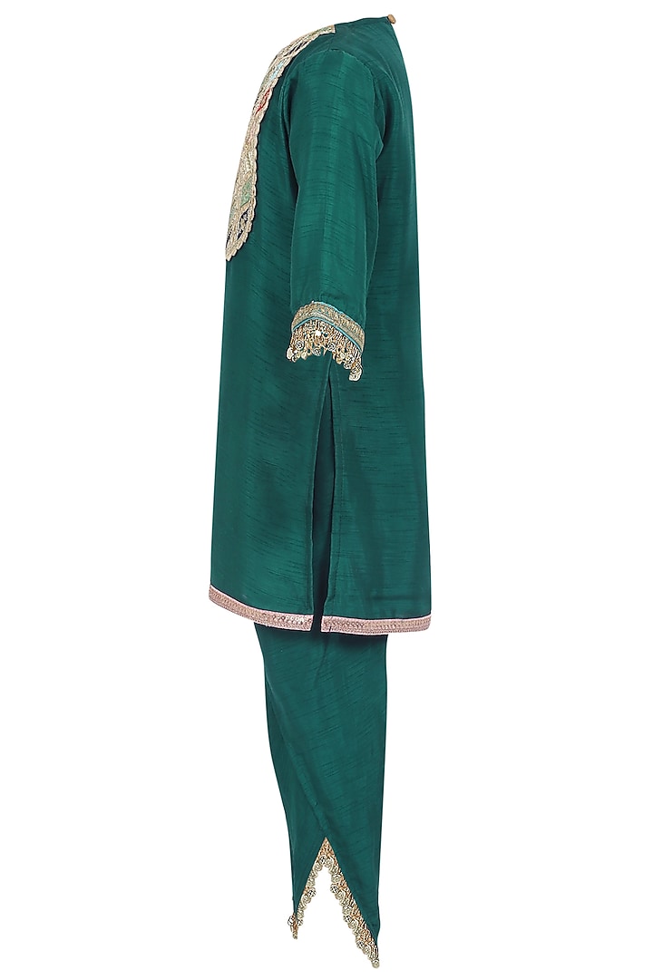 Dark Green Raw Satin Dhoti Pant Set For Girls by MINIME ORGANICS at Pernia's Pop Up Shop