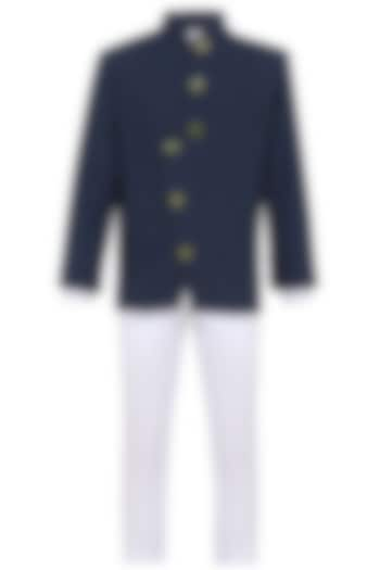 Navy Blue Suiting Bandhgala Set For Boys by MINIME ORGANICS