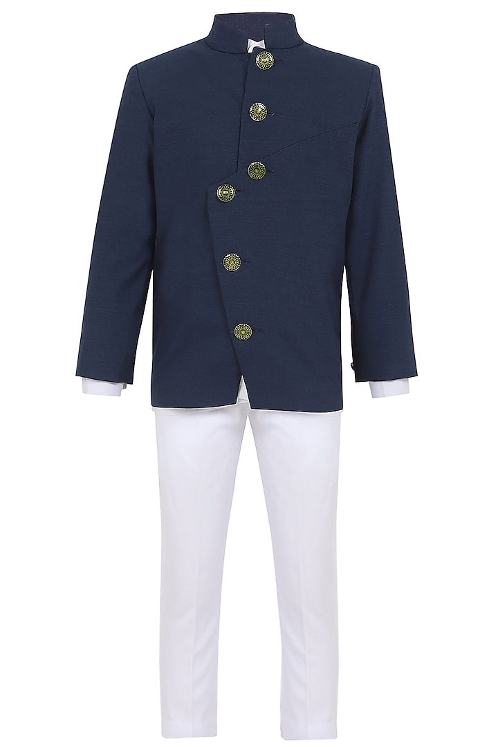 Navy Blue Suiting Bandhgala Set For Boys by MINIME ORGANICS