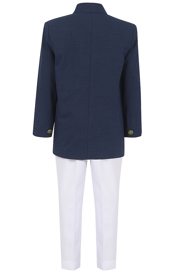 Navy Blue Suiting Bandhgala Set For Boys by MINIME ORGANICS at Pernia's Pop Up Shop