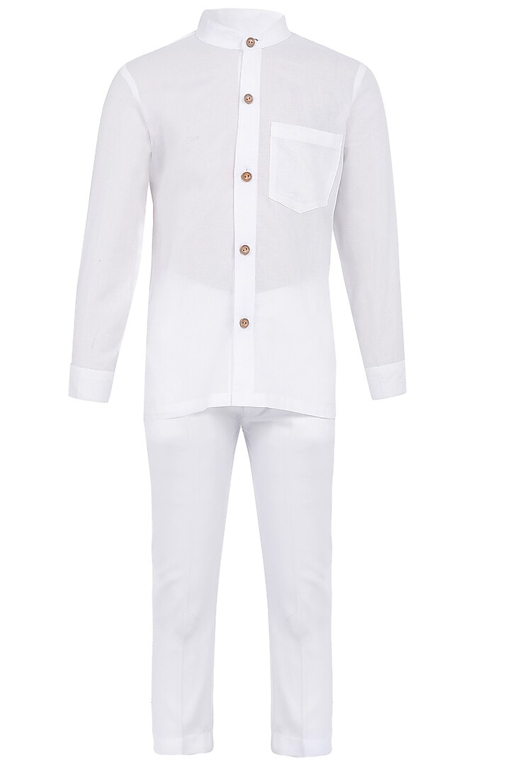 Navy Blue Suiting Bandhgala Set For Boys by MINIME ORGANICS at Pernia's Pop Up Shop