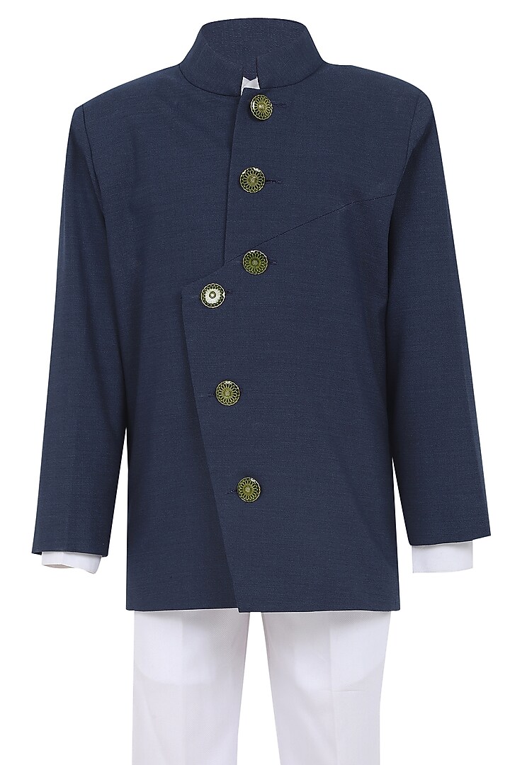 Navy Blue Suiting Bandhgala Set For Boys by MINIME ORGANICS at Pernia's Pop Up Shop