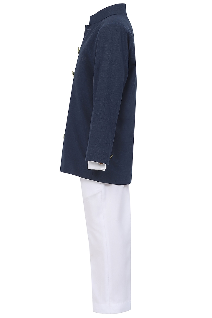 Navy Blue Suiting Bandhgala Set For Boys by MINIME ORGANICS at Pernia's Pop Up Shop