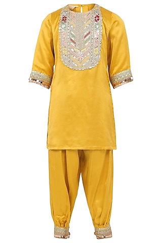 Mustard Yellow Raw Satin Dhoti Pant Set For Girls by MINIME ORGANICS