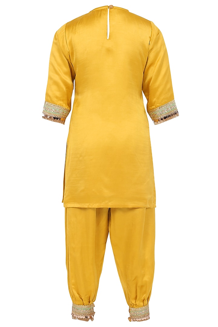 Mustard Yellow Raw Satin Dhoti Pant Set For Girls by MINIME ORGANICS at Pernia's Pop Up Shop
