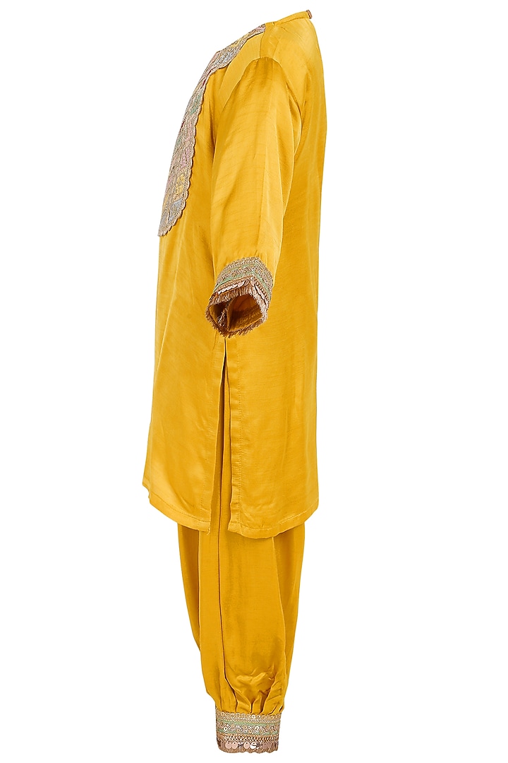 Mustard Yellow Raw Satin Dhoti Pant Set For Girls by MINIME ORGANICS at Pernia's Pop Up Shop
