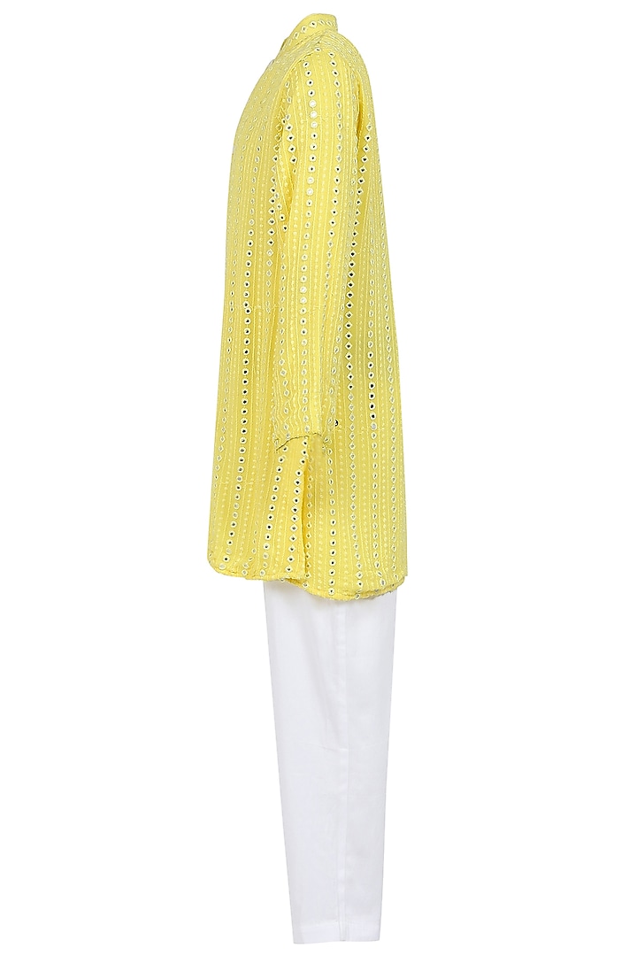 Yellow Georgette Mirror Thread Work Kurta Set For Boys by MINIME ORGANICS at Pernia's Pop Up Shop