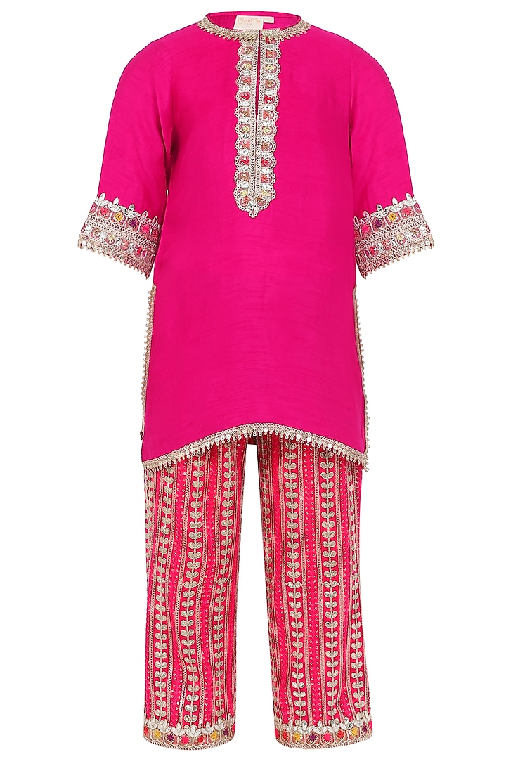 Pink Gajji Silk & Georgette Kurta Set For Girls by MINIME ORGANICS at Pernia's Pop Up Shop