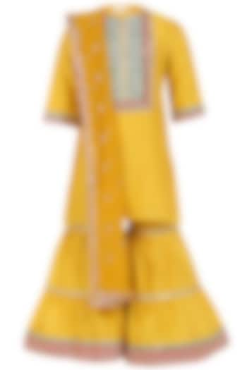 Mustard Yellow Chanderi Silk Sharara Set For Girls by MINIME ORGANICS at Pernia's Pop Up Shop