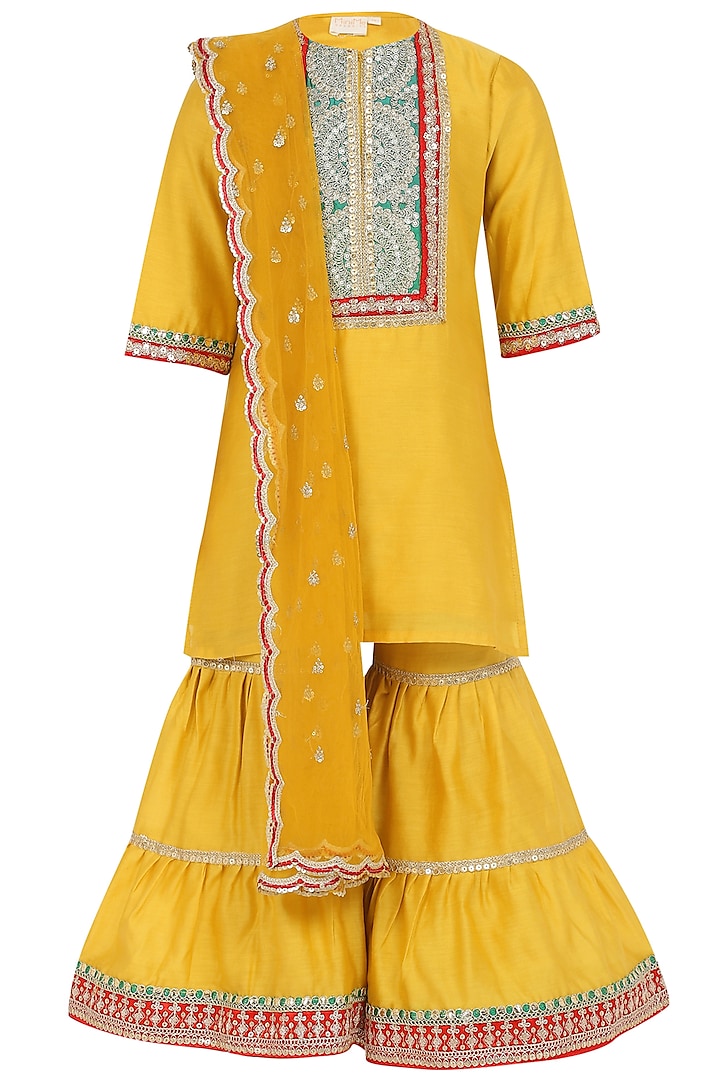 Mustard Yellow Chanderi Silk Sharara Set For Girls by MINIME ORGANICS at Pernia's Pop Up Shop