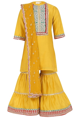 Mustard Yellow Chanderi Silk Sharara Set For Girls by MINIME ORGANICS