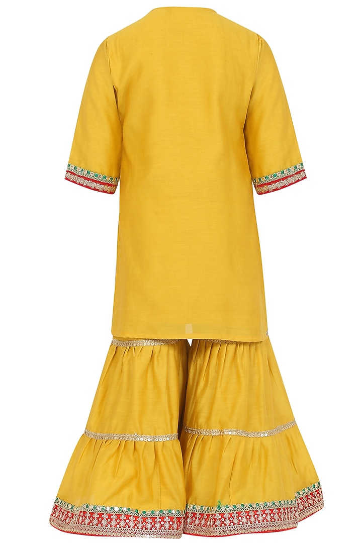 Mustard Yellow Chanderi Silk Sharara Set For Girls by MINIME ORGANICS at Pernia's Pop Up Shop