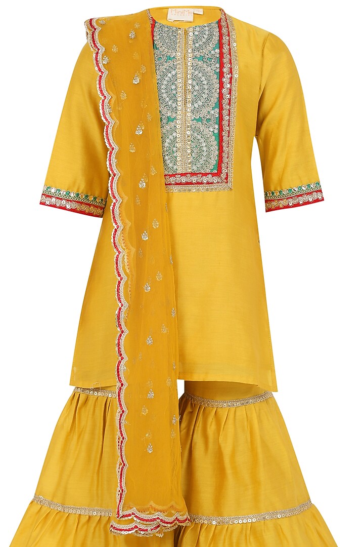 Mustard Yellow Chanderi Silk Sharara Set For Girls by MINIME ORGANICS at Pernia's Pop Up Shop