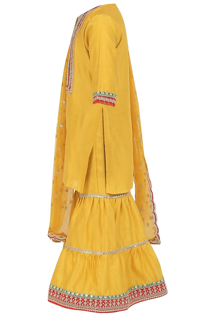 Mustard Yellow Chanderi Silk Sharara Set For Girls by MINIME ORGANICS at Pernia's Pop Up Shop