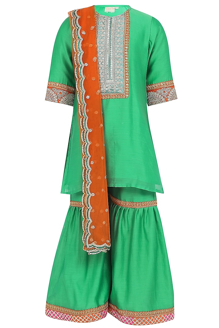 Green Chanderi Silk Sharara Set For Girls by MINIME ORGANICS at Pernia's Pop Up Shop