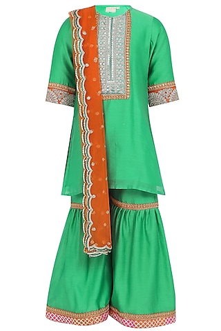 Green Chanderi Silk Sharara Set For Girls by MINIME ORGANICS