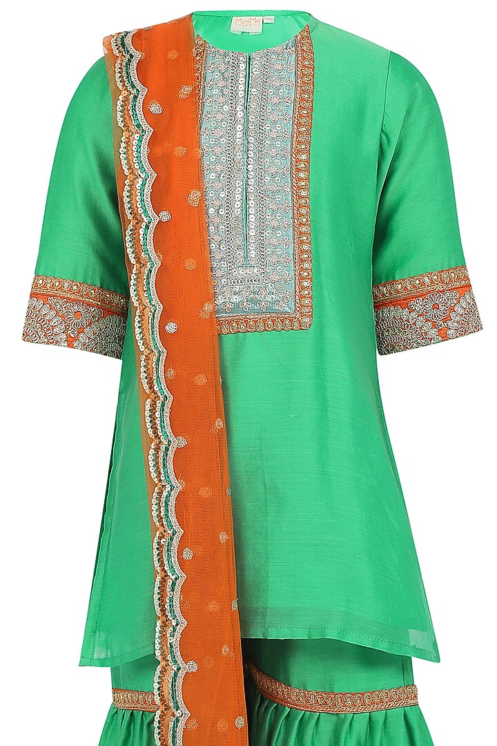 Green Chanderi Silk Sharara Set For Girls by MINIME ORGANICS at Pernia's Pop Up Shop