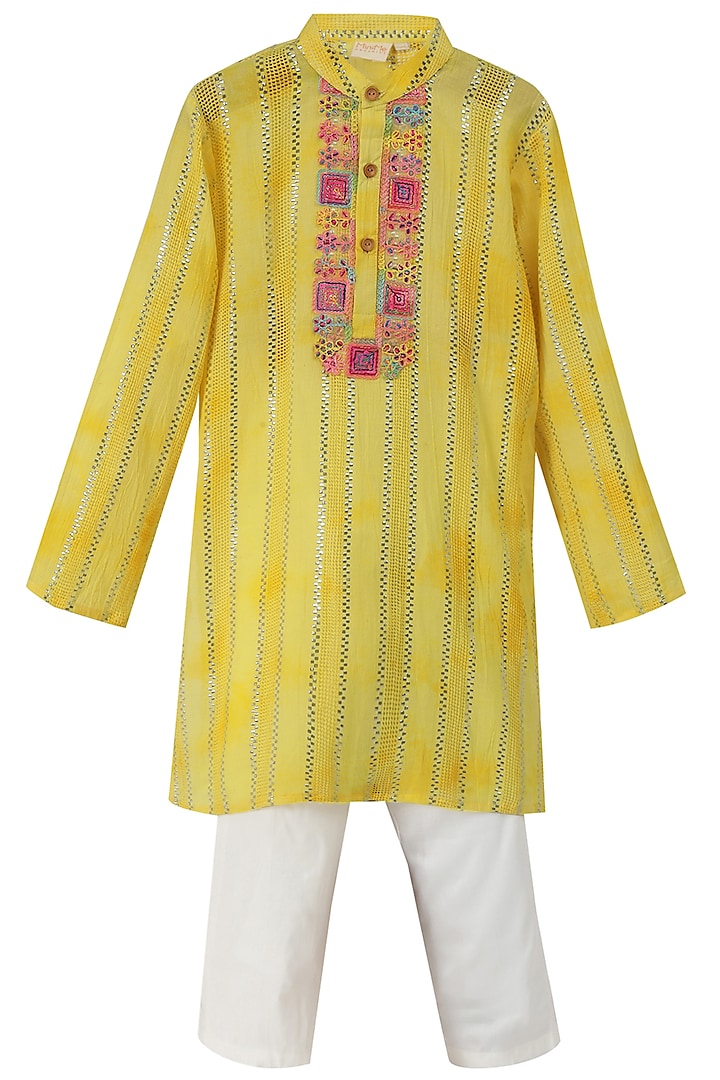 Yellow Lurex Cotton Kurta Set For Boys by MINIME ORGANICS at Pernia's Pop Up Shop