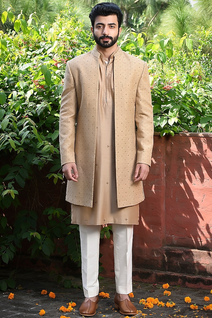 Sand Grey Silk Cutdana & Bead Embellished Achkan Jacket Set by Mint Blush Men