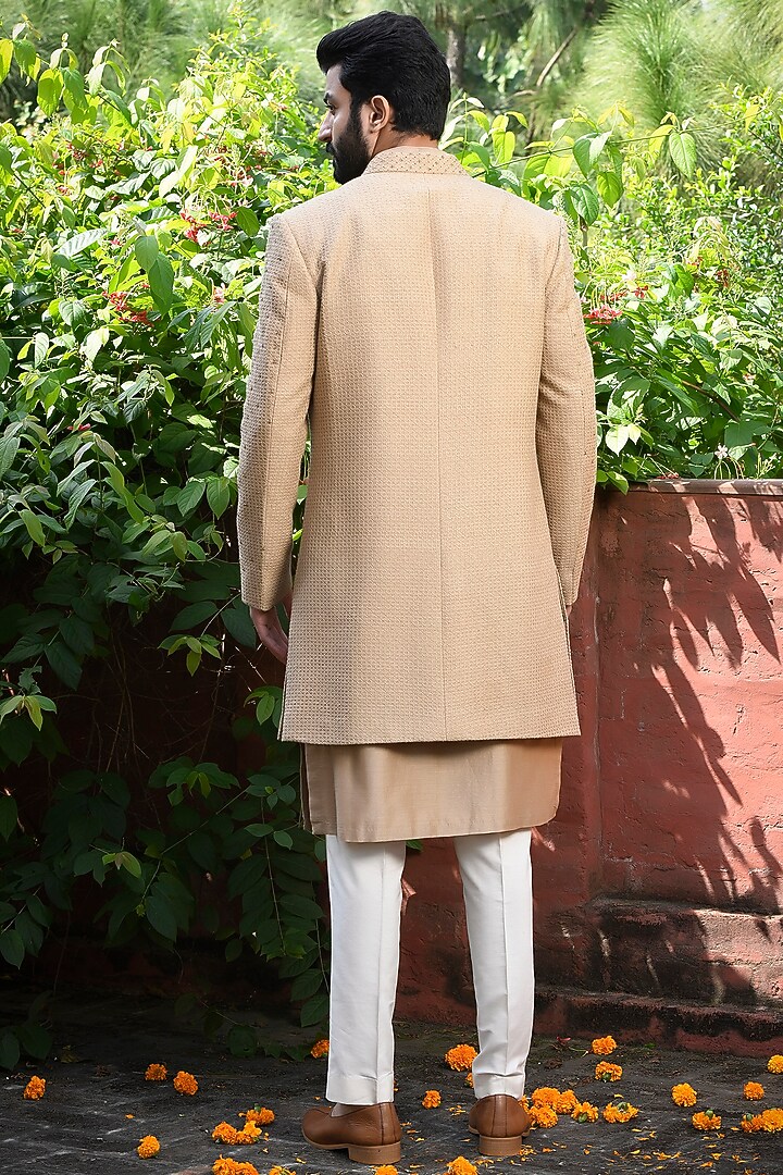 Sand Grey Silk Cutdana & Bead Embellished Achkan Jacket Set by Mint Blush Men at Pernia's Pop Up Shop