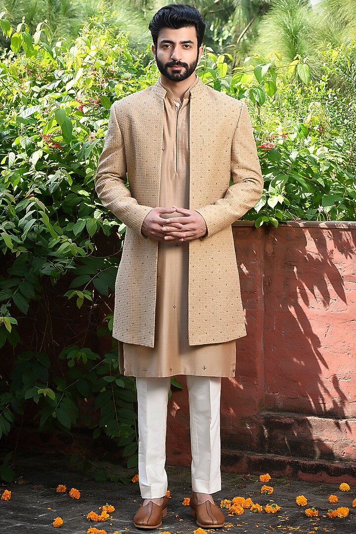 Sand Grey Silk Cutdana & Bead Embellished Achkan Jacket Set by Mint Blush Men at Pernia's Pop Up Shop