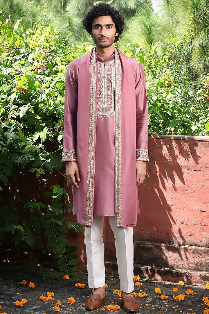 Pink Silk Cutdana & Sequins Embroidered Kurta Set by Mint Blush Men