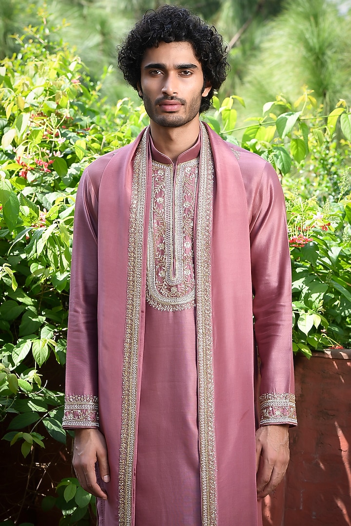Pink Silk Cutdana & Sequins Embroidered Kurta Set by Mint Blush Men at Pernia's Pop Up Shop