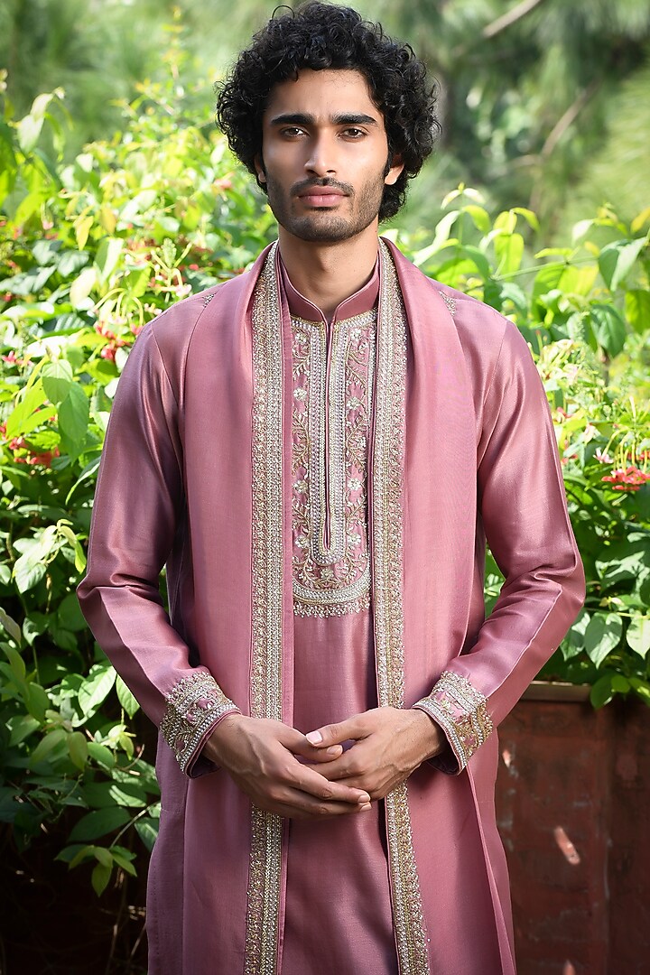 Pink Silk Cutdana & Sequins Embroidered Kurta Set by Mint Blush Men at Pernia's Pop Up Shop