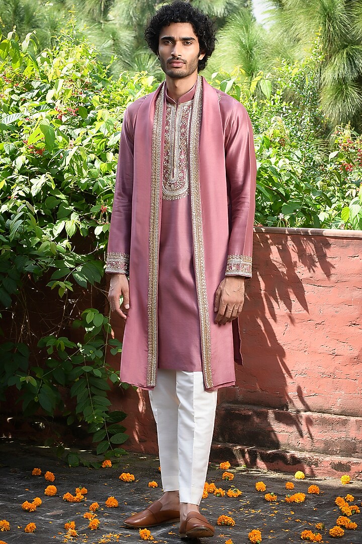 Pink Silk Cutdana & Sequins Embroidered Kurta Set by Mint Blush Men at Pernia's Pop Up Shop