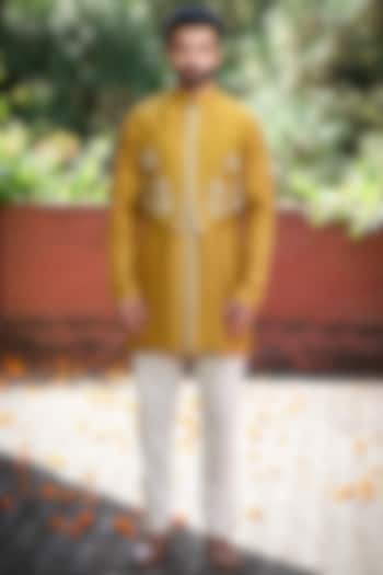 Mustard Silk Cutdana Embellished Crop Jacket Set by Mint Blush Men