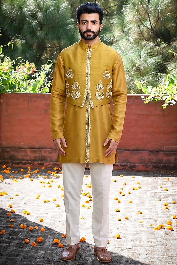 Mustard Silk Cutdana Embellished Crop Jacket Set by Mint Blush Men